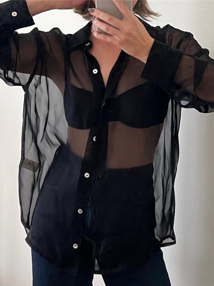 

Women' Blouses 2022 Women' Sheer Button Up Shirt Y2K Long Sleeve Lapel V Neck Mesh Top Vintage See Through Basic Blouse Streetwear, Khaki