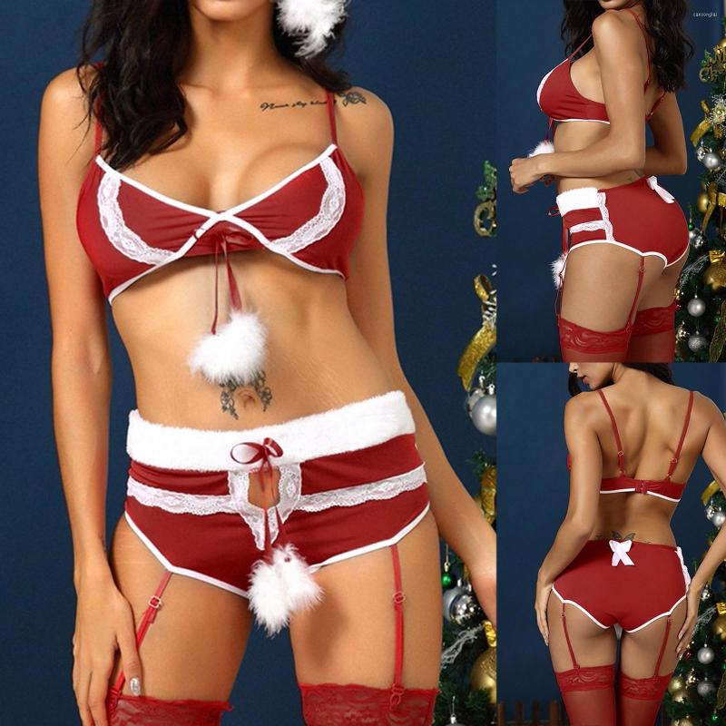 

Bras Women's Sexy Santa Christmas Lingerie Set With Garter Belts Lace Teddy Babydoll Bodysuit Submissive Leather, Red