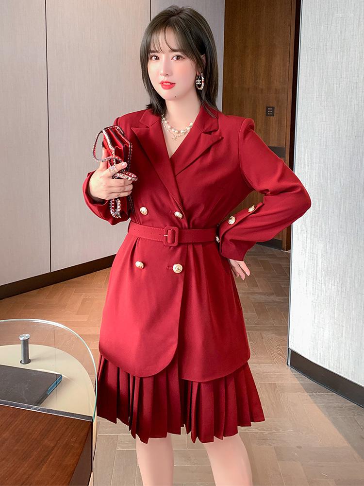 

Casual Dresses Suit Collar Double Breasted Patchwork Pleated Skirt Belt Waist Dress 2022 Spring Plus Sizes Large Size High Top Quality, Black