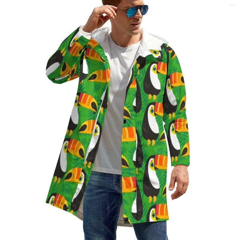 

Men' Trench Coats Toucan Birds Green Leaves Tropical Kawaii Casual Autumn Jackets Men Long Windbreak Printed Oversized Waterproof Clothing, Style-14