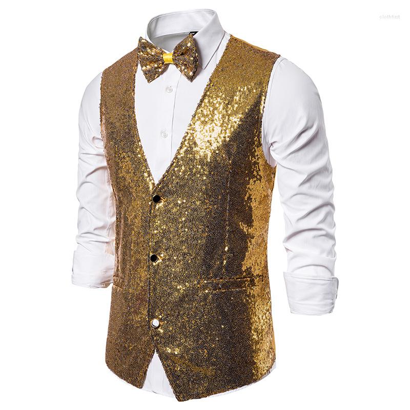 

Men' Vests Shiny Gold Sequins Vest Men Chaleco Hombre 2022 Brand Slim Fit Nightclub Waistcoat Male Stage Singer Prom With Bowtie, Wine red