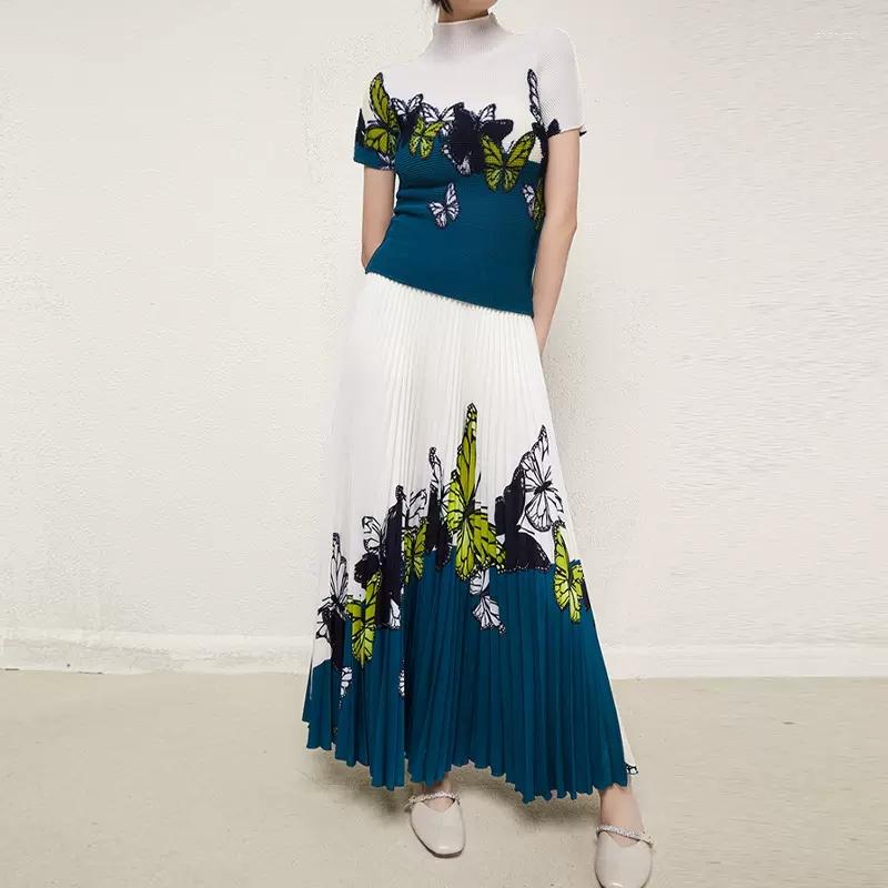 

Work Dresses Designer Elegant Summer Pleated Skirt Suits Women Stand Collar Butterfly Print Stretch Tops Hit Color Long Two Piece Set, Black