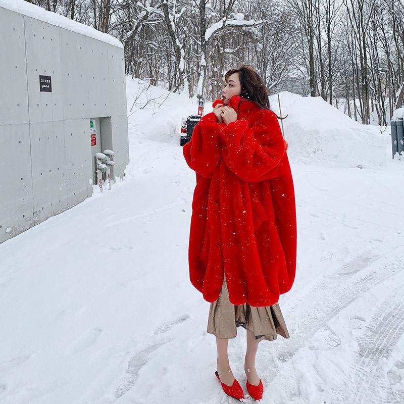 

Women' Fur Autumn Woman Long Coat Thick Faux Female Warm Fake Teddy Jacket Ladies Plush Outerwear Overcoat G121, Red