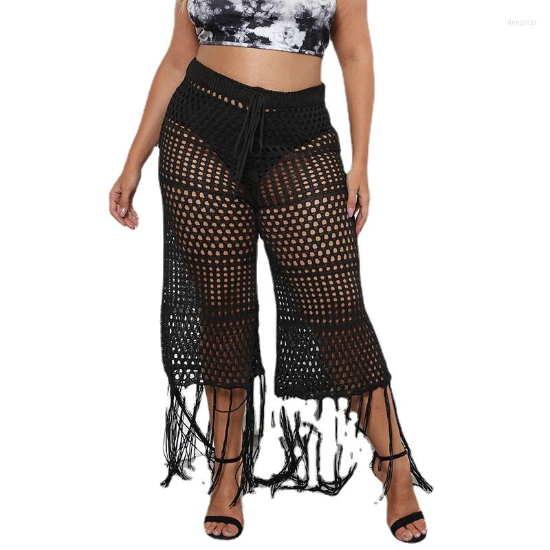 

Pants Perl Hollow Out Tassel Wide Leg See Through Trousers Sexy Plus Size Capris Women Bottom Clothing Summer Wear 3XL 4XL, Black