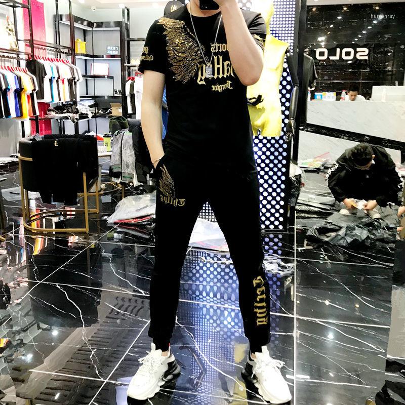 

Men's Tracksuits Men's Suit Summer Korean Ice Silk Pullover Short-sleeved T-shirt Lace-up Trousers Casual Two-piece Men Sets Mens, Black 1