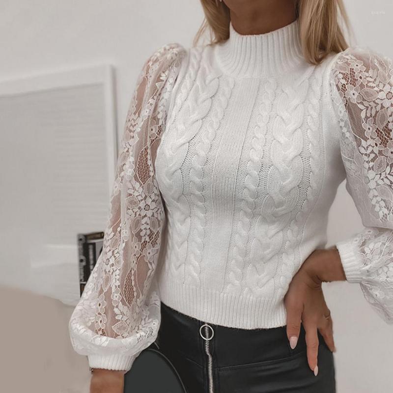 

Women' Sweaters Jumper Top Lace Patchwork Sweater Twist Stitching, White