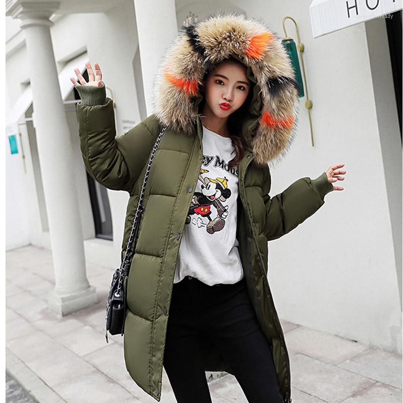 

Women's Trench Coats Winter Jacket Women Fashion Large Fur Collar Hooded Down Cotton Padded Plus Size Coat Female Long Parka Thicken Warm, Caramel colour