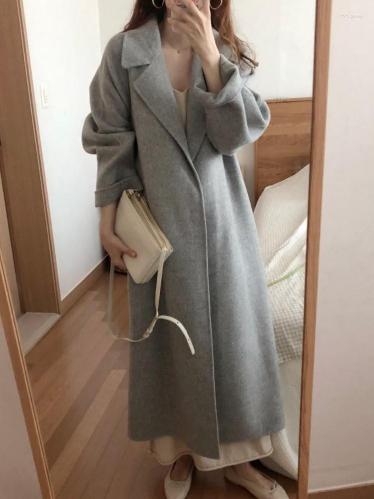 

Women's Down Winter Woolen Coat 2022 Women's Casual High Quality Blend Trench Loose Long With Belt Female Korean Fashion Outerwear, Gray