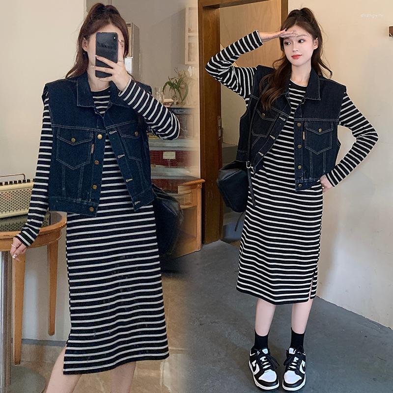 

Casual Dresses Small Fat Girl In The Autumn Of 2022 Large Yards Long Sleeveless Denim Waiststripe Suit Dress, Blue