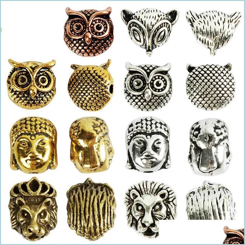 

Other 10Pcs/Bag Antique Gold Sier Owl Lion Buddha Head Spacer Beads Diy Bracelets Necklace For Jewelry Making Accessories Drop Deliv Dhh89