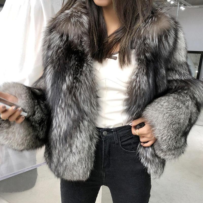 

Women' Fur 2022 Women' Autumn Faux Coat Short Fashion Casual Ladies Elegant Warm Winter For Women Outerwear, Dark silver fox