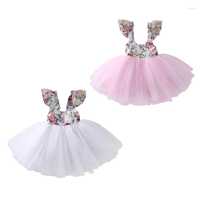 

Girl Dresses Fashion Cute 0-5Y Outfit Summer Party Born Infant Baby Girls O-Neck Floral Print Solid Lace Knee-Length Tutu Princess Dress, Pink