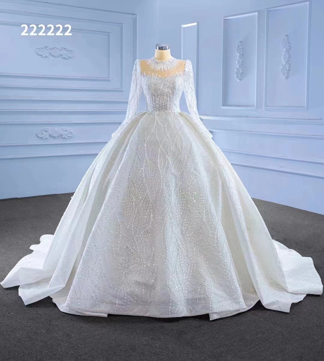 

White high collar wedding dress Long sleeve pearl Luxury tulle Bride backless handwork SM222222