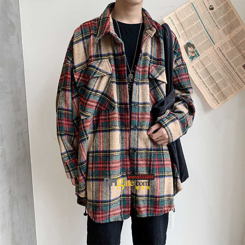 

LuxuryWinter Thickening Woolen Shirt Men Fashion Retro Casual Jacket Man Streetwear Loose Coat Long Sleeve, Red