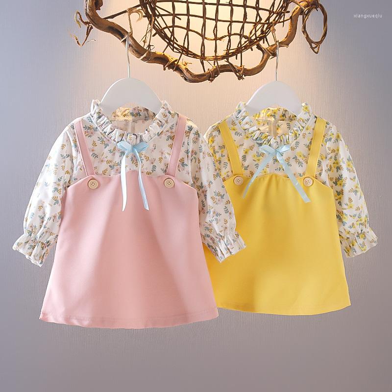

Girl Dresses Toddler Baby Dress Clothes Autumn Spring Long Sleeve Floral Print Fake Two Piece Princess Infant Party, Pink