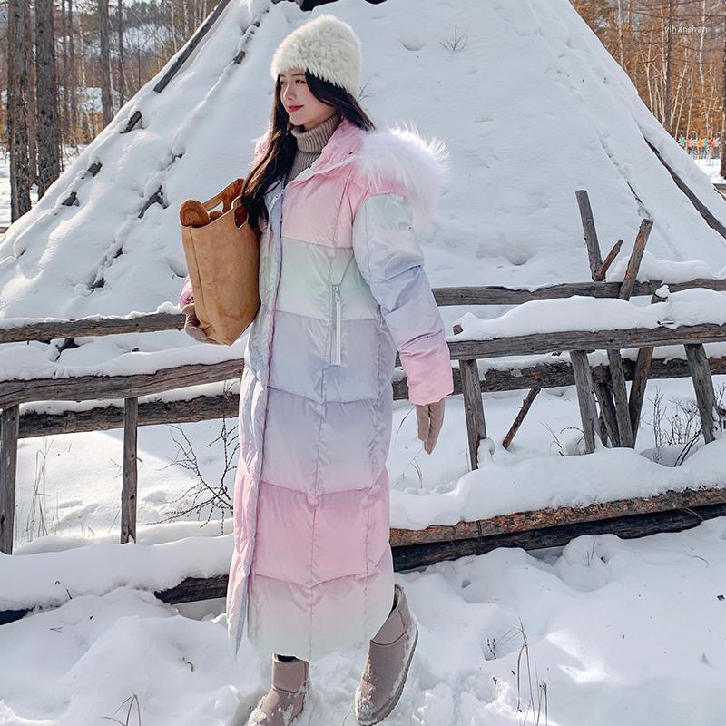 

Women' Trench Coats Women' Winter Jacket Korean Thickening Long Fresh Straight Hooded Fur Collar Fashion Casual Rainbow Color Cotton, Rainbow colors
