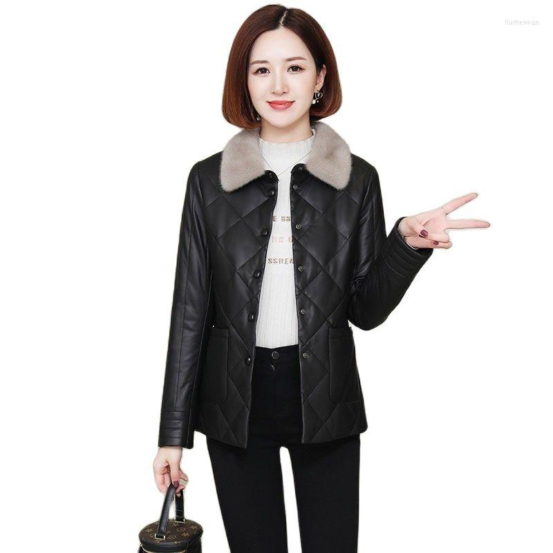 

Women's Leather 2022 Autumn Winter Women PU Jacket Short Thickening Black Faux Fur-neck Warm Coat Motorcycle Outwear Overcoat A35