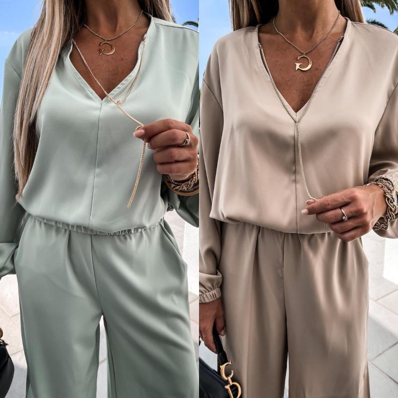 

Women' Tracksuits Summer Fashion Woman Tracksuit Set 2023 V-Neck Lantern Sleeve Casual Slit Long Pants Sports Suit 2 Piece Sets Womens