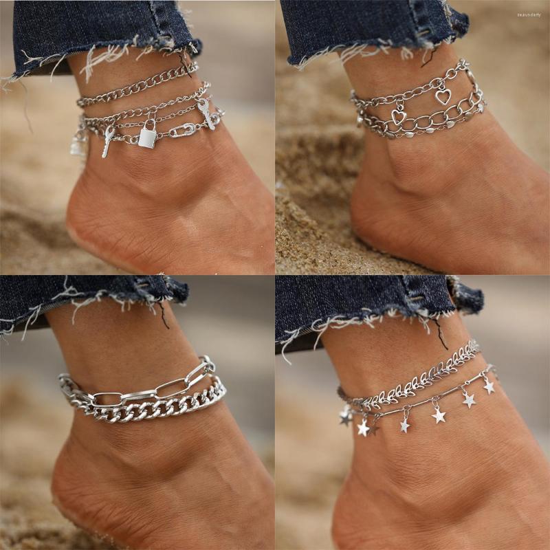 

Anklets 2022 Summer Silver Color Heart Star Lock For Women Multilayer Barefoot On Leg Chain Ankle Bracelets Beach Jewelry