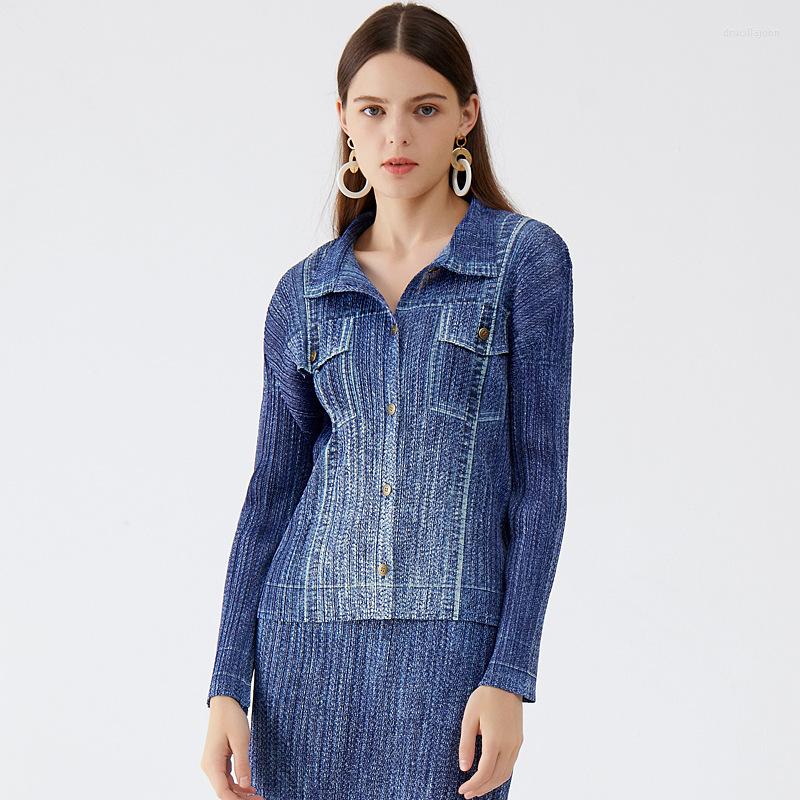 

Work Dresses Autumn Miyak Pleated Denim Print Clothes Set Long Sleeve Slim Turndown Collar Jacket To High Waist Midi Skirt Women 2 Piece, Blue