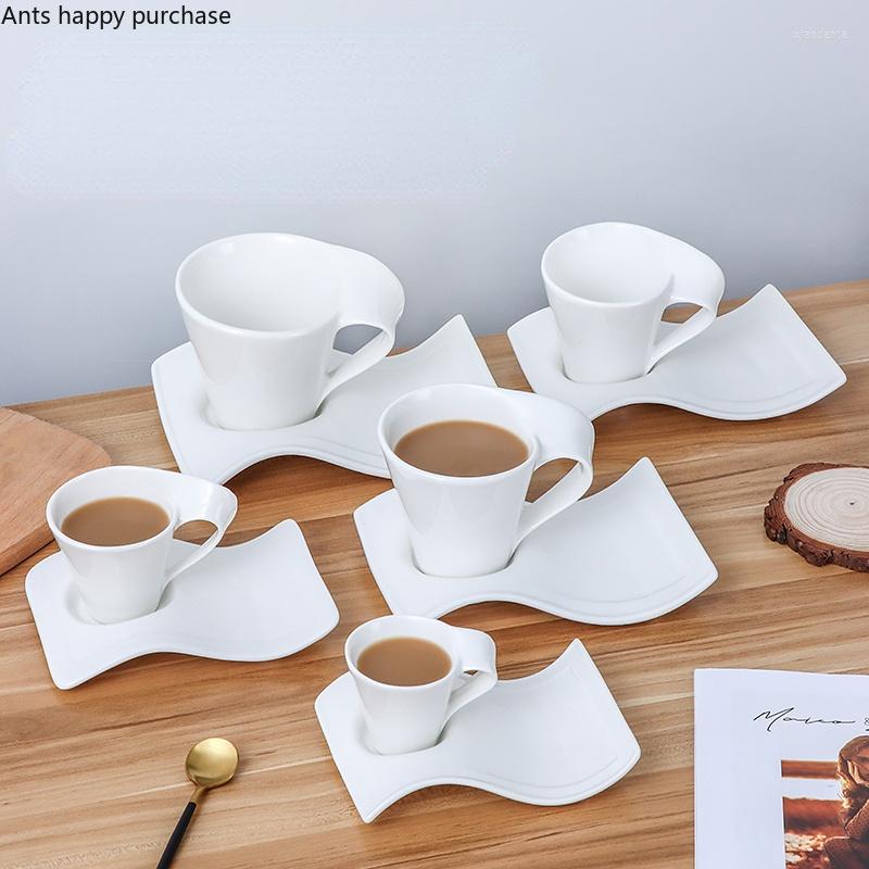 

Mugs Pure White Ceramic Mug Coffee Cup And Saucer Set Milk Tea Cups Wave Office Afternoon, 90ml