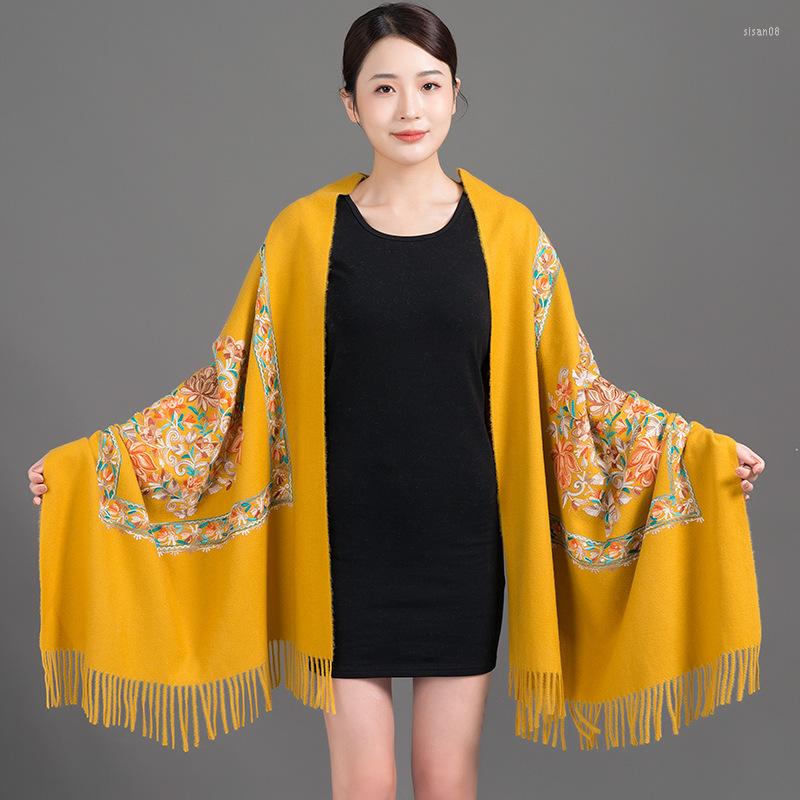 

Scarves Yellow/Red/White Shawl For Women Winter Warm Fine Tassels Scarf Black Embroidery Flower Pashmina Cashmere Wraps