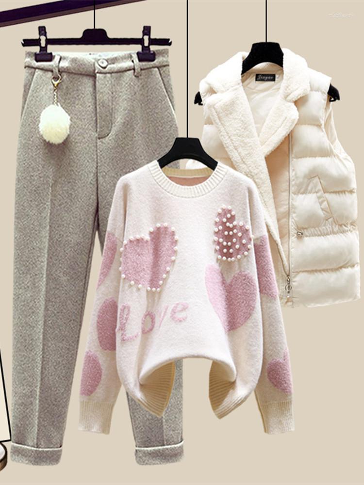 

Women' Two Piece Pants Winter Warm Sweater 3 Set Women Korean Fashion Sweet Heart-shaped Beaded Lamb Wool Vest Suits Female, Orange 3 piece set