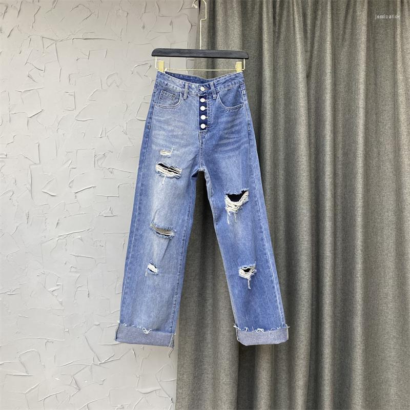 

Women' Jeans 2022 Summer Denim Trousers For Women Ripped Hole Wide-legged Pants Woman Blue Jean Single-breasted Loose Casual, Dark blue