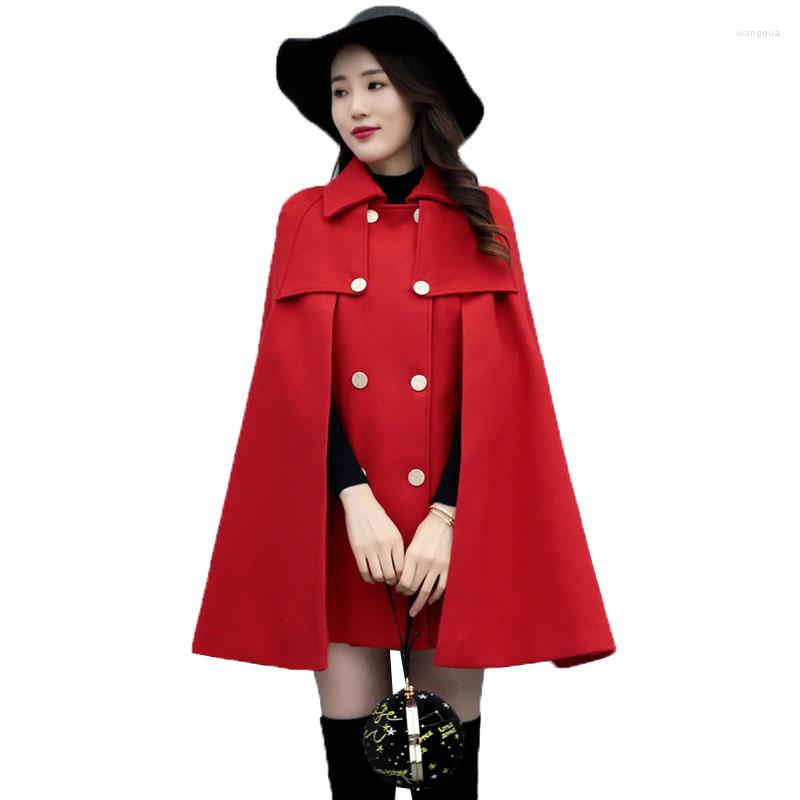 

Women' Wool Coat Female Autumn Winter Mid-Long Korean Temperament Women Elegant Outerwear Loose Cloak Woolen Shawl R341, Red