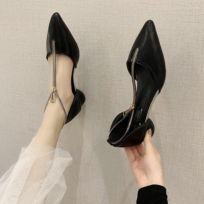 

Dress Shoes 2022 Spring Women's Pointed Toe Sandals Slides Thick Heel Zip Round Pumps Roman High Heels, Black