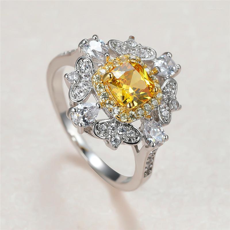 

Wedding Rings Yellow Crystal Zircon Ring Square Stone Flower For Women Jewelry Vintage Fashion Silver Color Engagement Gift