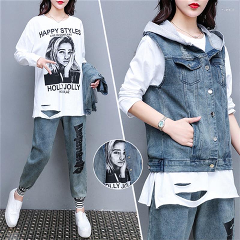 

Women's Two Piece Pants Femme Denim Ladies Suit 2022 Spring Autumn Hooded Jacket Printed T-Shirt Wide-Leg Jeans Three-Piece Women's, Photo color
