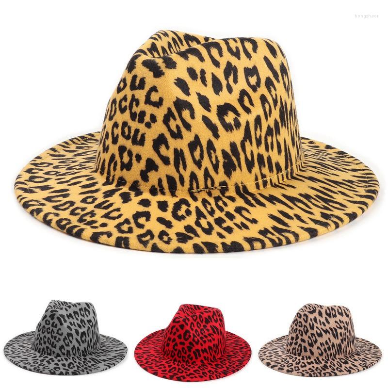 

Berets Leopard Print Wide Brim Women Jazz Hat Fashion Spring Autumn Unisex Sun Protection Flat Top Felt Cap, 04