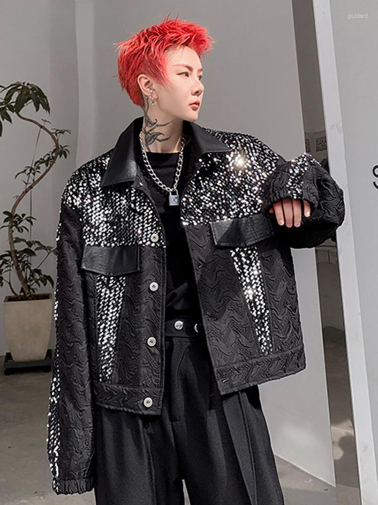 

Men's Jackets ZCSMLL Beaded Patchwork Men's Jacket Designer Long Sleeve Sequin Decoration Turn-down Collar Male Coat L57, Black