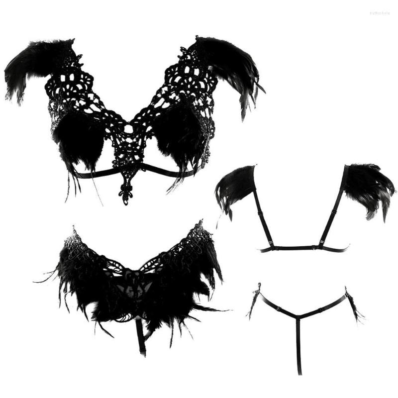 

Bras Sets Feather Strappy Harness Set Bra Lace Black Sexy Chest Belt Elastic Goth Steampunk Adjust Crotchless Panties Waist Garter Dance, L0014