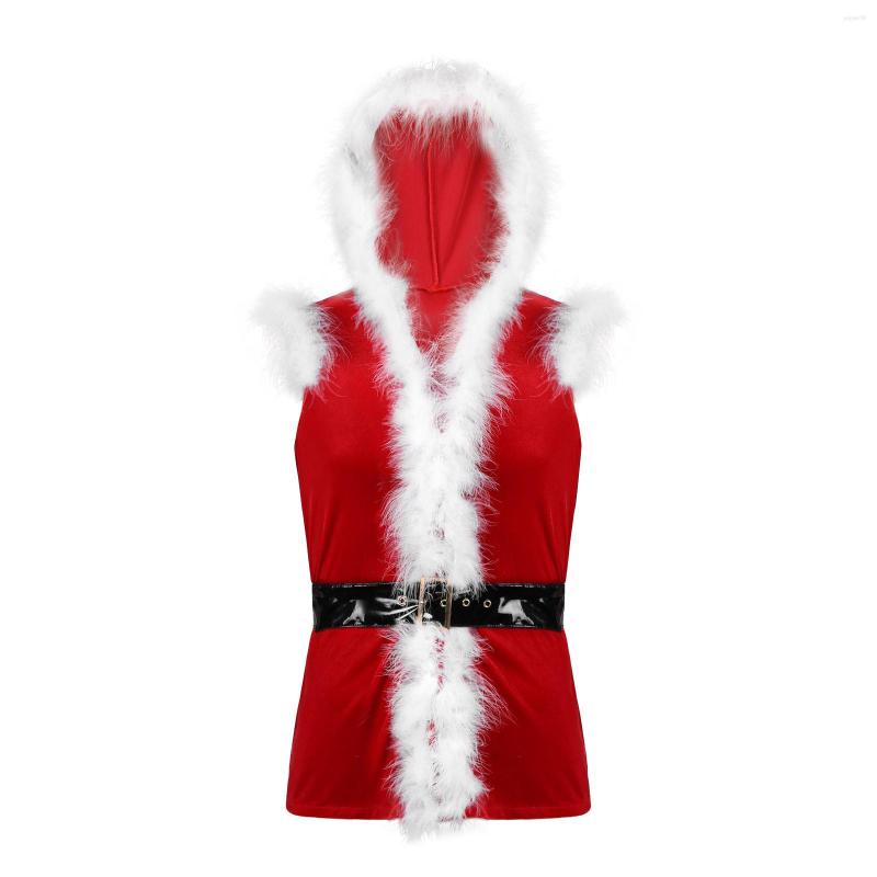

Men's Vests Men Christmas Vest Velvet Santa Claus Cosplay Sleeveless Jacket Coat Hooded Slim Fit Faux Fur Trim Waistcoat With Belt, Red