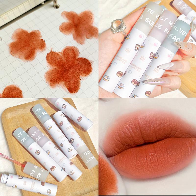 

Lip Gloss Xixi Matte Cartoon White Design Rose Red Orange Pigment Long Lasting Waterproof Silky Nude Tint AC401, 02