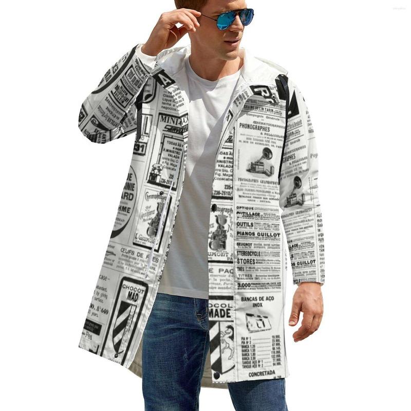 

Men' Trench Coats Old Spaper Print Casual Male Retro Letter Long Autumn Jackets Street Fashion Design Hooded Parkas Large Size, Style-15