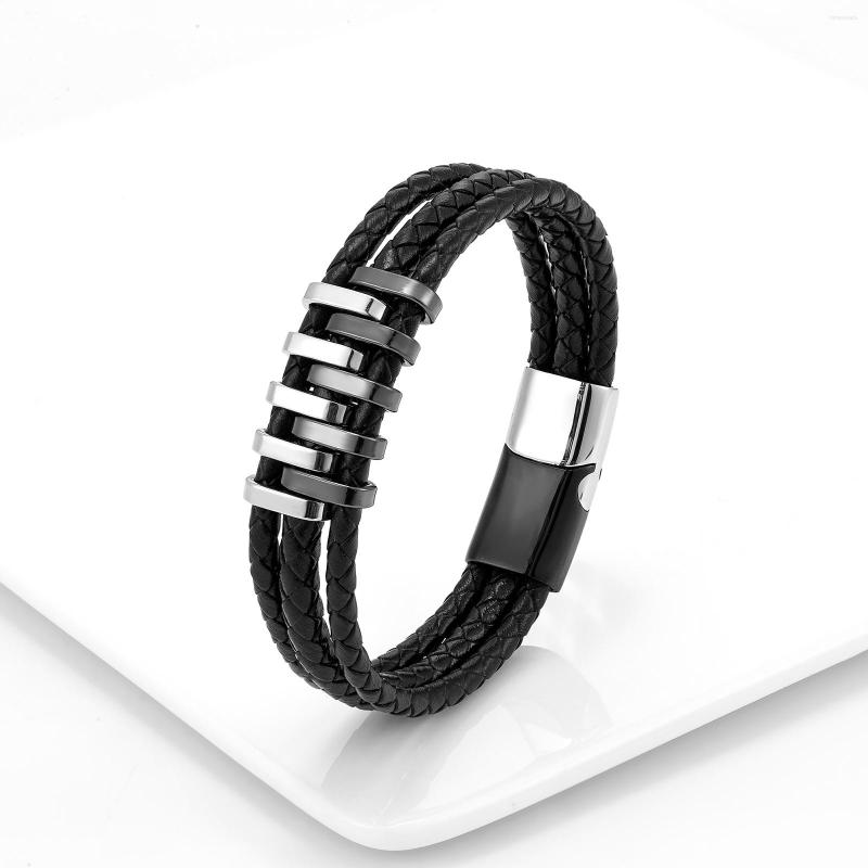 

Strand European And American Punk Style 10-row Multi-Color Stainless Steel Men's Bracelet Classic Fashion 3-layer Leather Rope