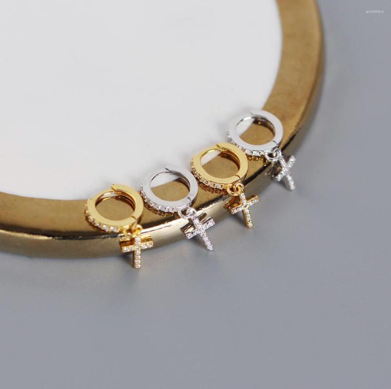 

Hoop Earrings 925 Sterling Silver CZ Paved Cross Huggie A1110