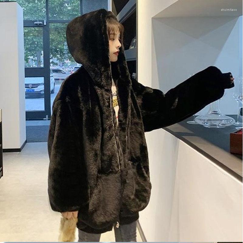 

Women' Fur Loose Plush Ladies Coat Winter Faux Long Thickened Hooded, White