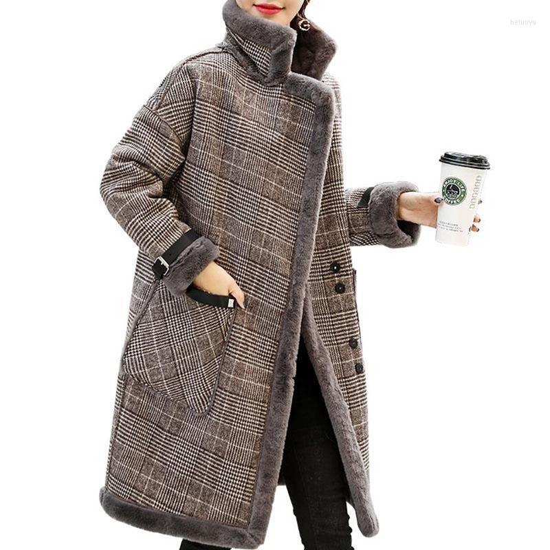 

Women' Wool Plaid Coat Women Jacket 2022 Winter Sheep Shear Leather Fur Mid Long Coats Hooded Warm Lady R1744, Brown