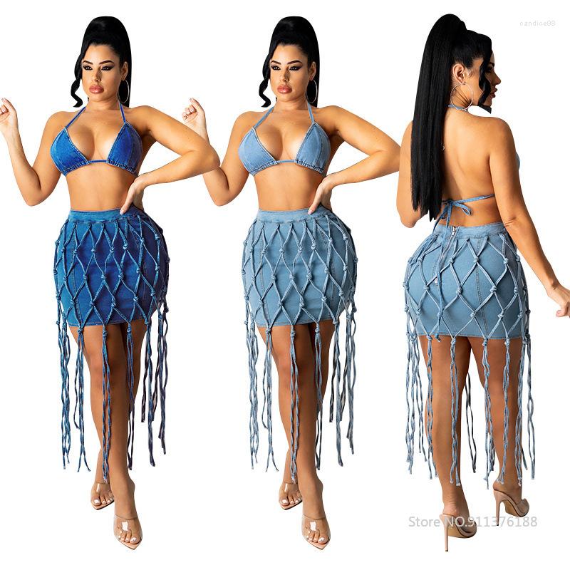 

Work Dresses Denim Two Piece Set Dress Women Suit Halter Neck Sleeveless Bra Tops And Jeans Tassel Sexy Bodycon Skirt Nightclub Outfits, Dark blue skirt set