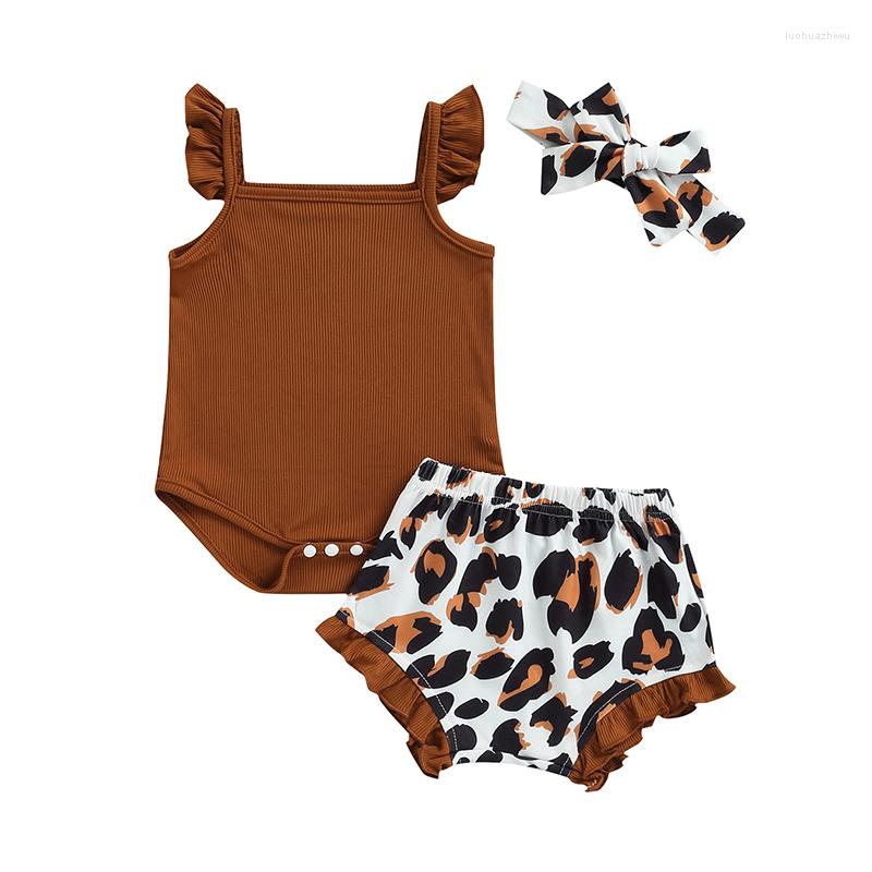 

Clothing Sets 3 Pieces Baby Suit Set Solid Color Sleeveless Ruffle Romper Leopard Print Shorts Headband For Girls 0-18 Months, Picture shown