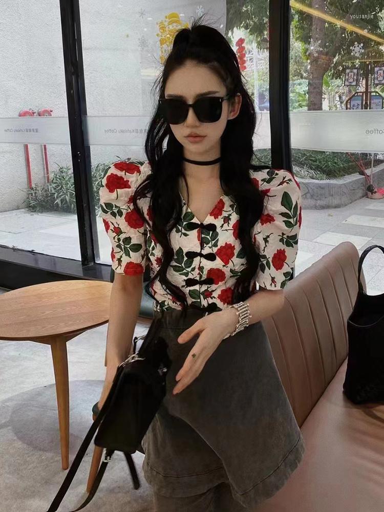 

Women's Blouses Print Shirt For Female V-Neck Puff Sleeve Slim  Casual Women 2022 Spring Clothing Fashion Style N743, Black