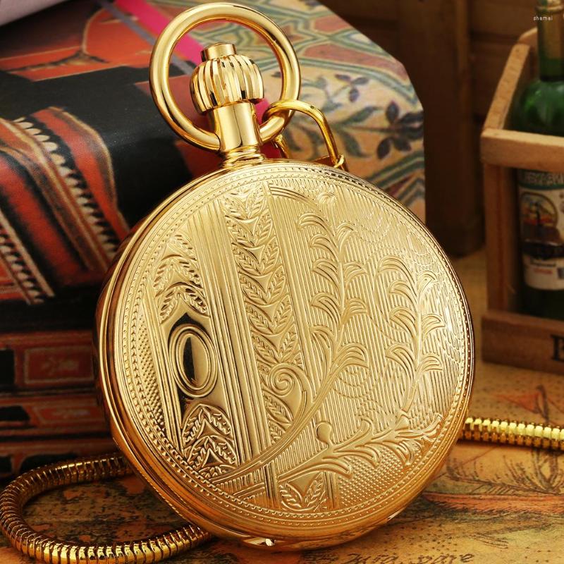 

Pocket Watches Golden Mechanical Watch Flower Pattern Copper Shell Automatic Winding Pendant Clock Black Roman Numeral Gift, Line