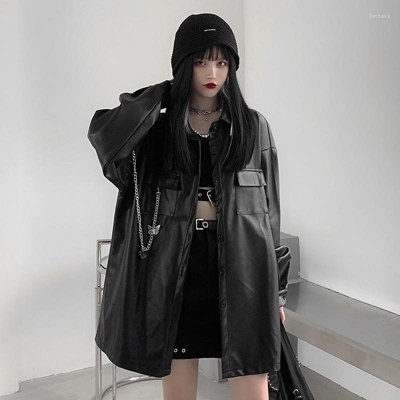 

Women' Leather Black Pu Korean Gothic Women Loose Moto Jacket Outerwear High Street Coat Chic Streetwear Long Sleeve Tops, Black leather jacket