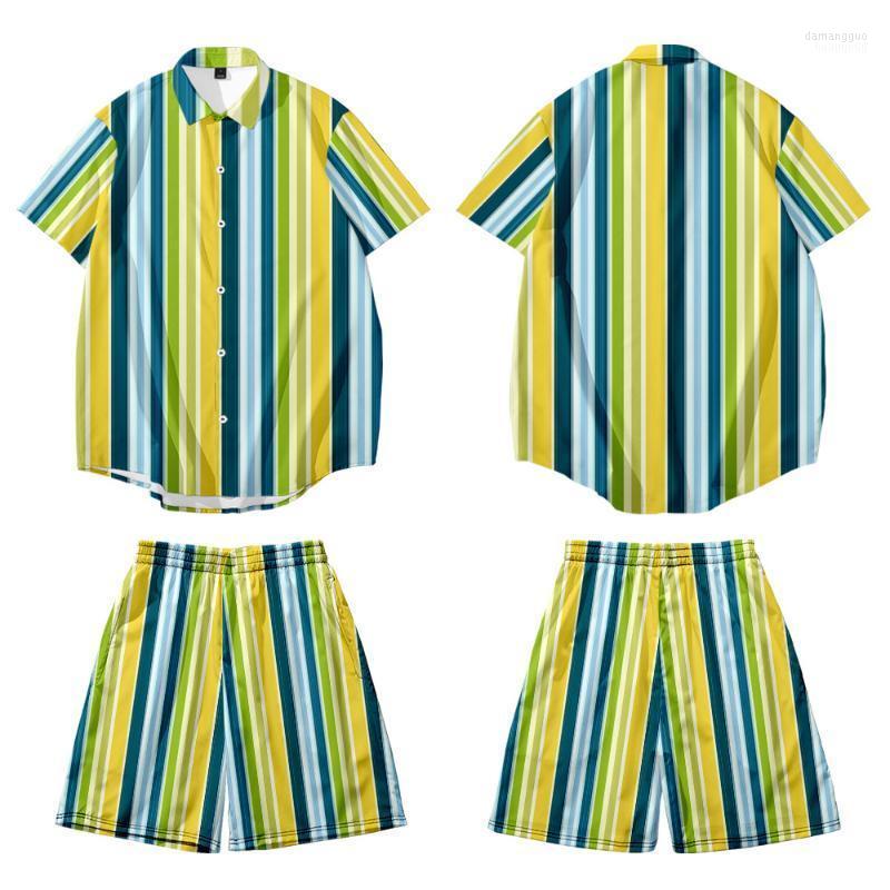 

Men's Casual Shirts Men's 2022 Summer Men Short Sleeve Shirt And Shorts Set Hawaii Male Striped Print Beach Blouse, Style 3
