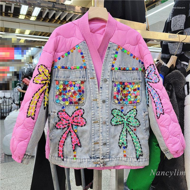 

Women's Trench Coats 2022 Design Sense Parka Women Exquisite Rhinestone Denim Stitching Fake Two Pieces Leisure V-neck Cotton-Padded Coat, Pink
