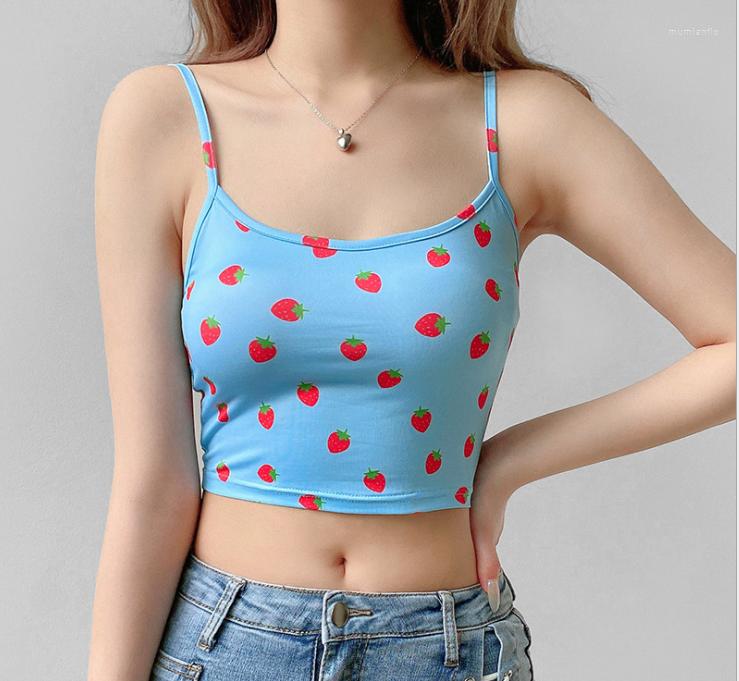 

Women' Tanks 2022 Women Backless Strawberry Print Tank Top Vest Summer Fashion Sleeveless Tops, Blue